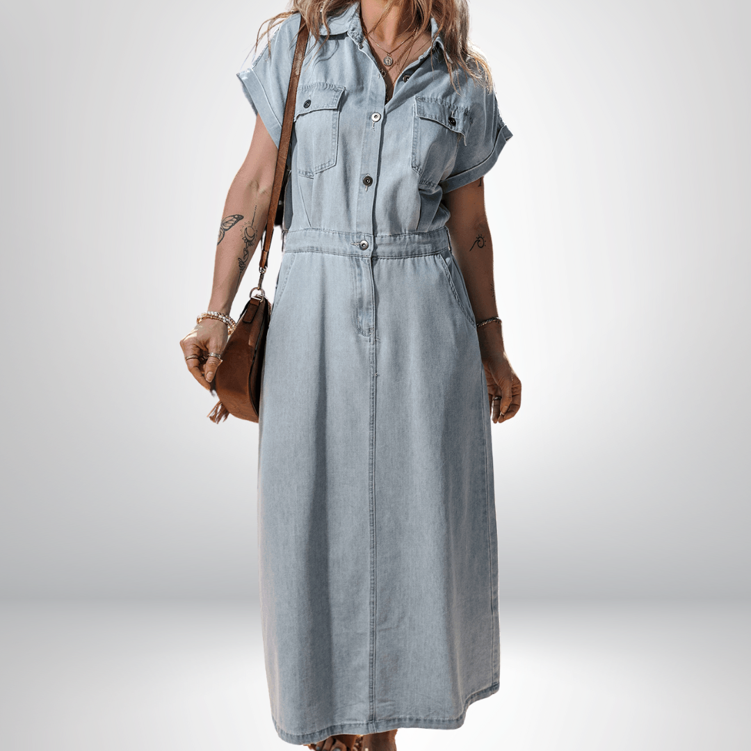 Frederika™ | Elegant Denimkjole med Korte Flagermusærmer