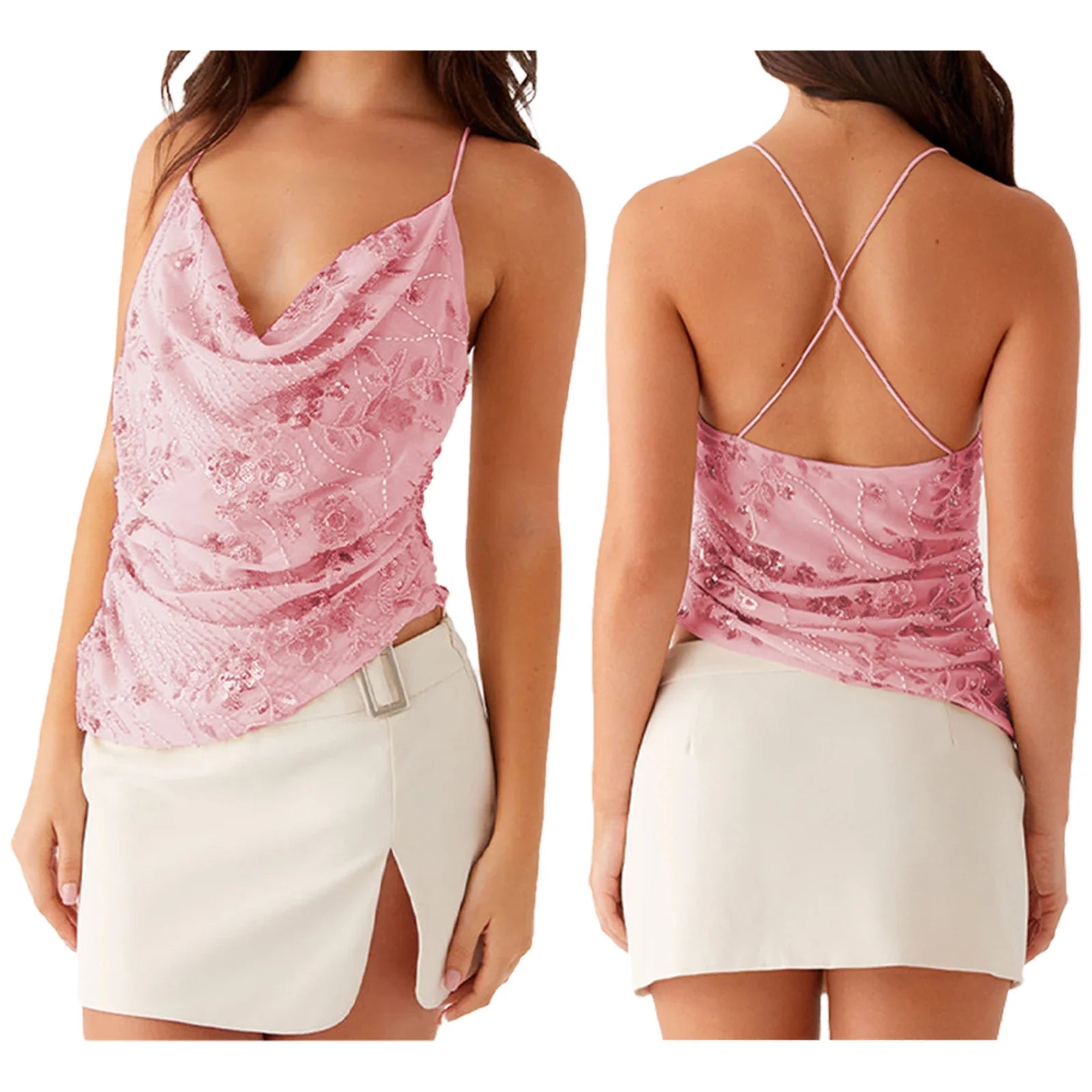 Frederika™ | Smuk sommer top med perleglimmer, broderede blomster og V-hals.