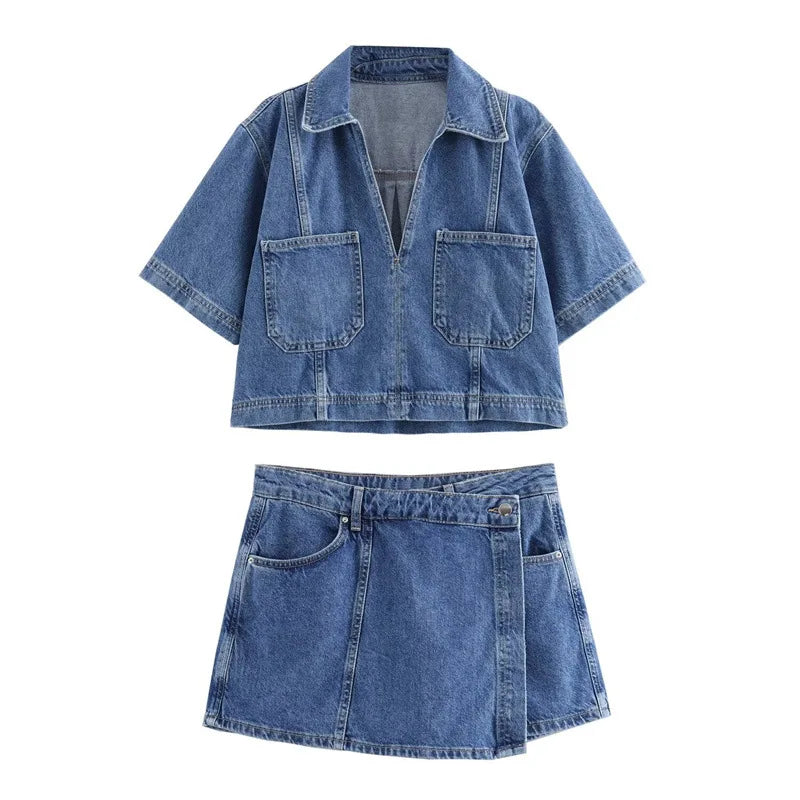 Frederika™ | V-hals Denim Sæt