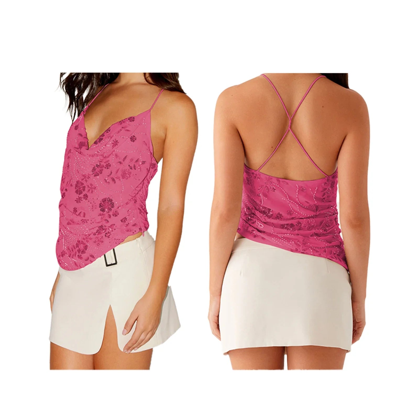 Frederika™ | Smuk sommer top med perleglimmer, broderede blomster og V-hals.