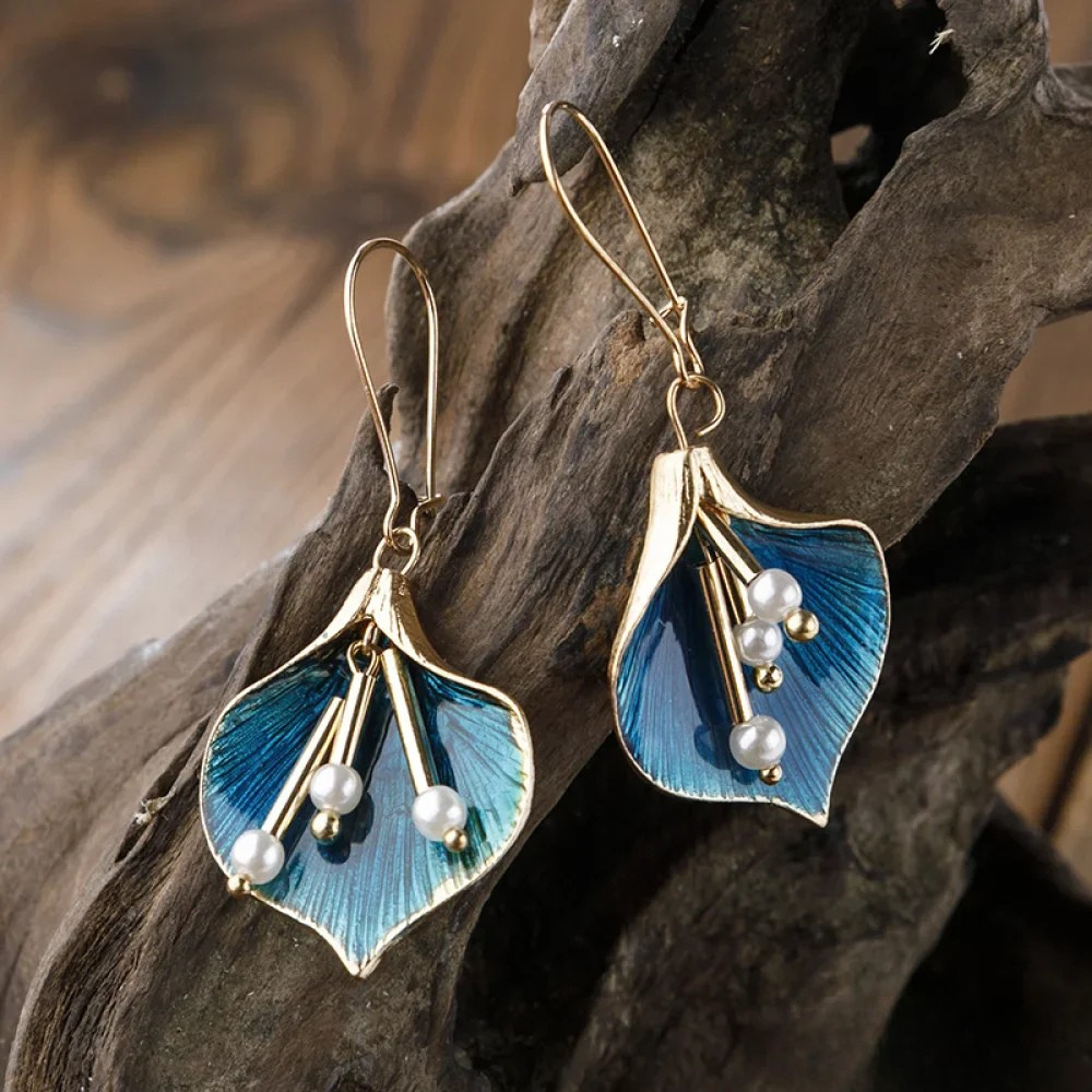 Retro Blue Lotus Silver Earrings