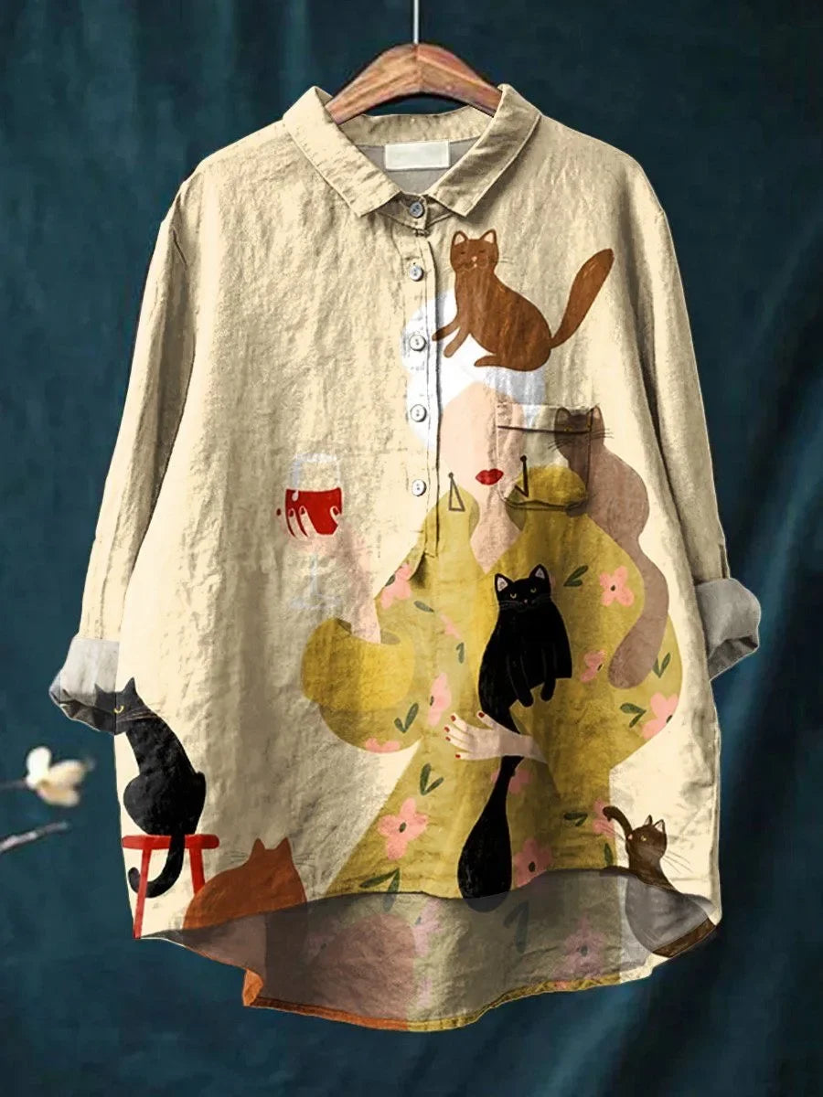 Frederika® | Bluse med katte- og blomsterprint