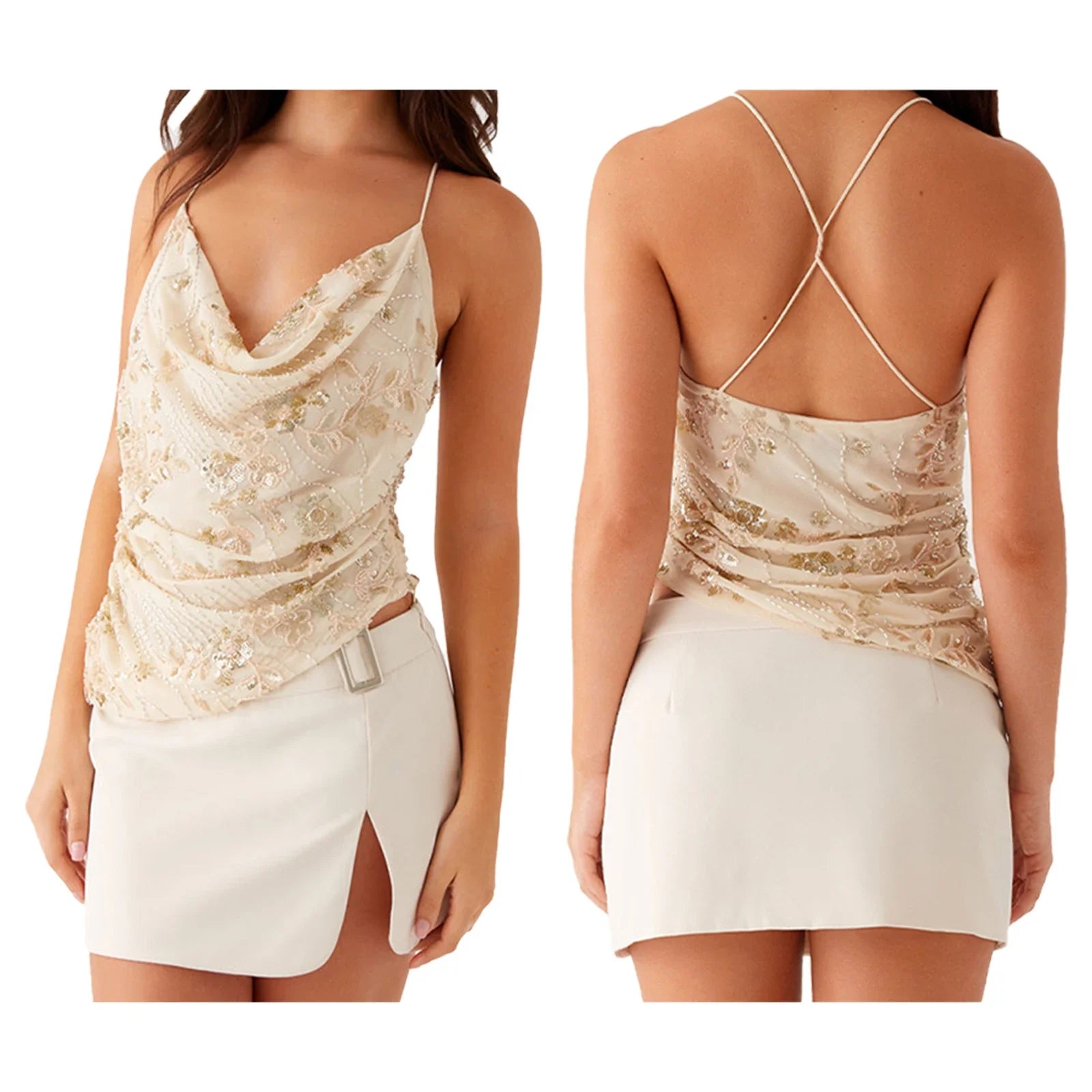 Frederika™ | Smuk sommer top med perleglimmer, broderede blomster og V-hals.