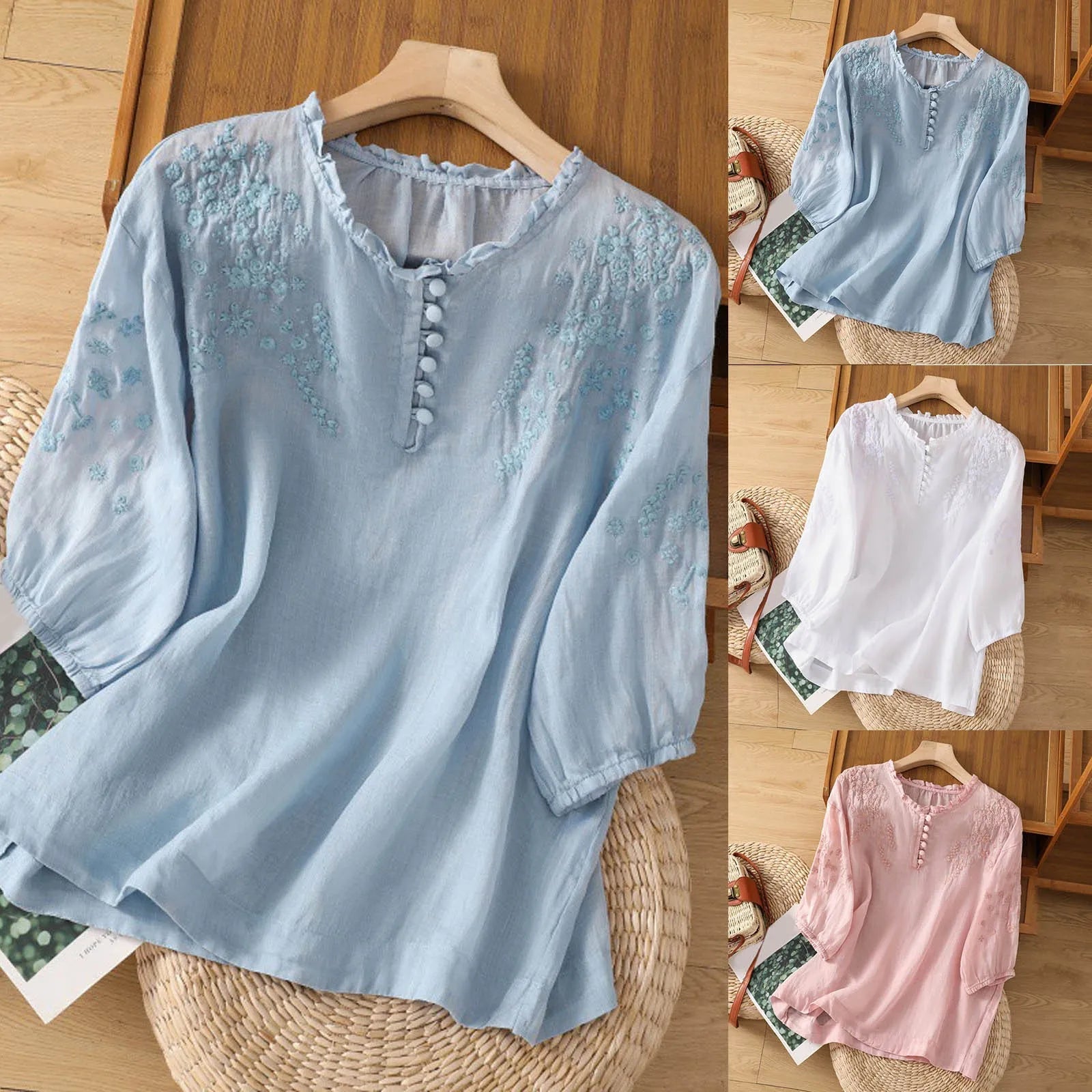 Evelyn – Broderet bluse med knapper foran