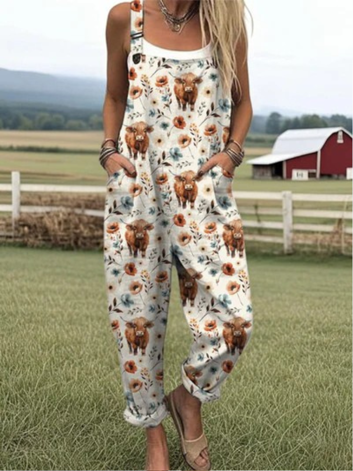 Frederika  | Jumpsuit med Highland Cow-tryk og vide ben til kvinder